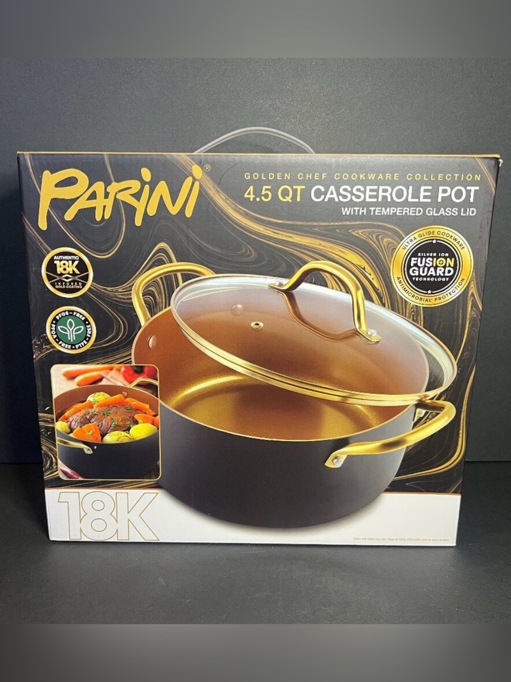 NIB Parini 4.5Qt 18K Infused Gold Coated Casserole Pot w/ Tempered Glass Lid